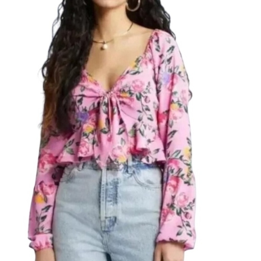 Vero Moda Nya Catch top Medium Barbie pink floral tie bust babydoll‎ crop NWT